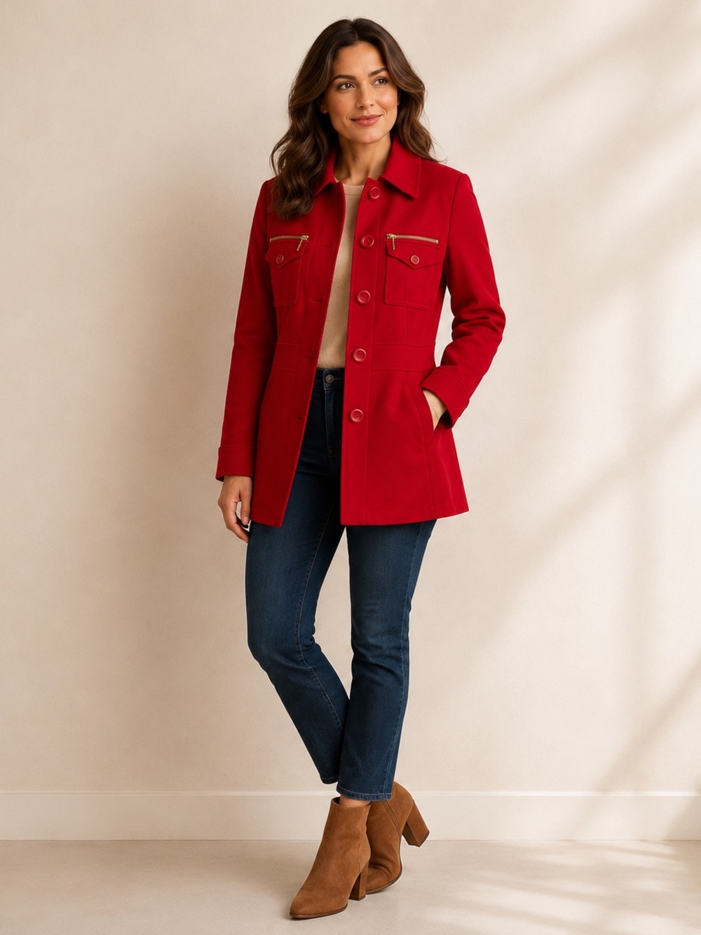 INC International Concepts Red Utility Field Coat Medium Gold Zip Pockets
